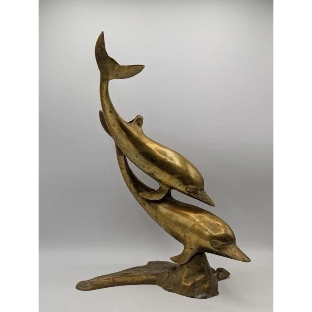 VTG 50s Large Brass Double Swimming Dolphins Sculpture MCM 15